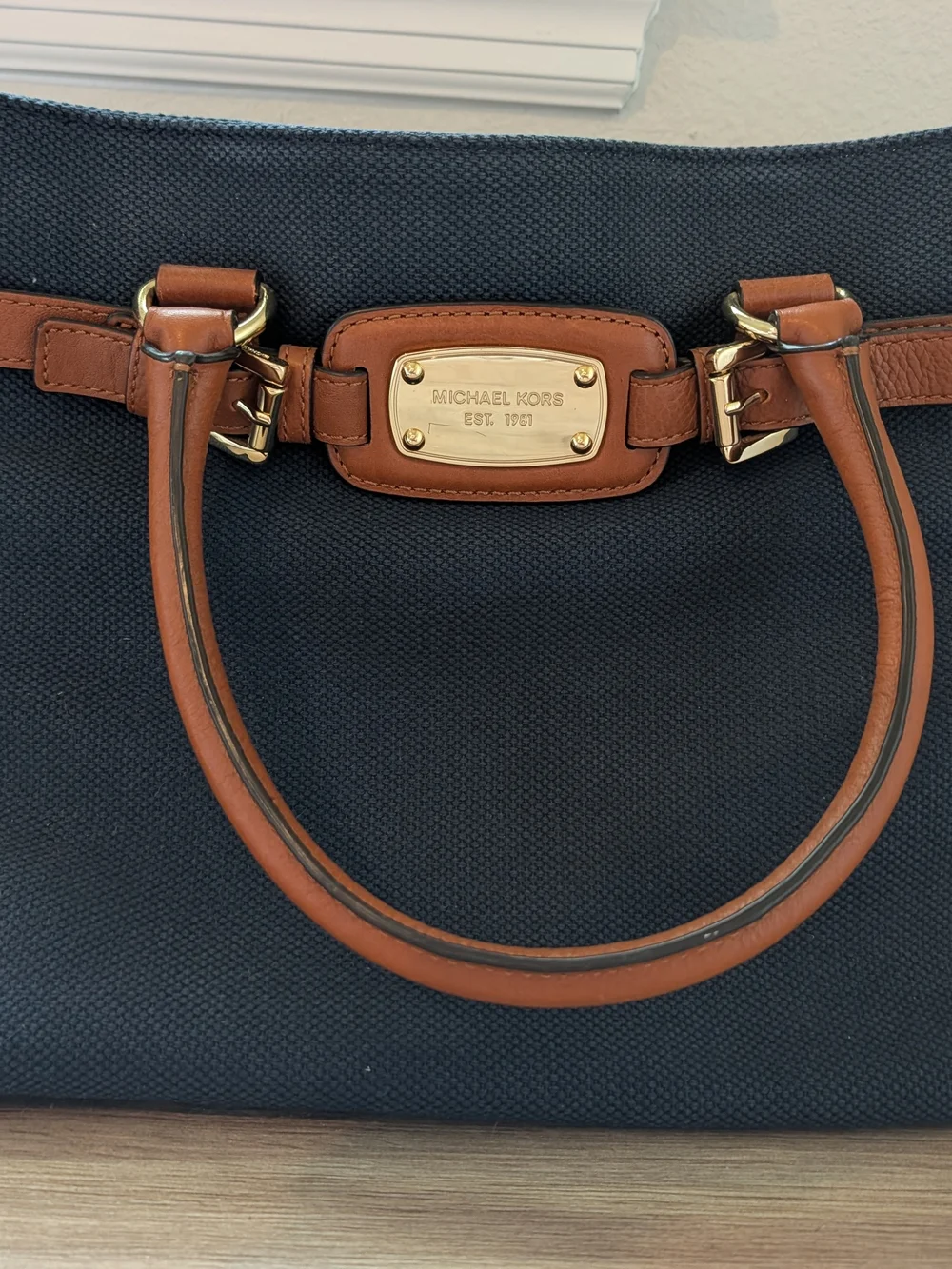 Michael Kors Navy Canvas Bag With Brown Leather Trim
